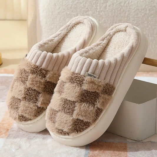 CHECKERED FUZZY WARMIES SLIPPERS (BROWN)